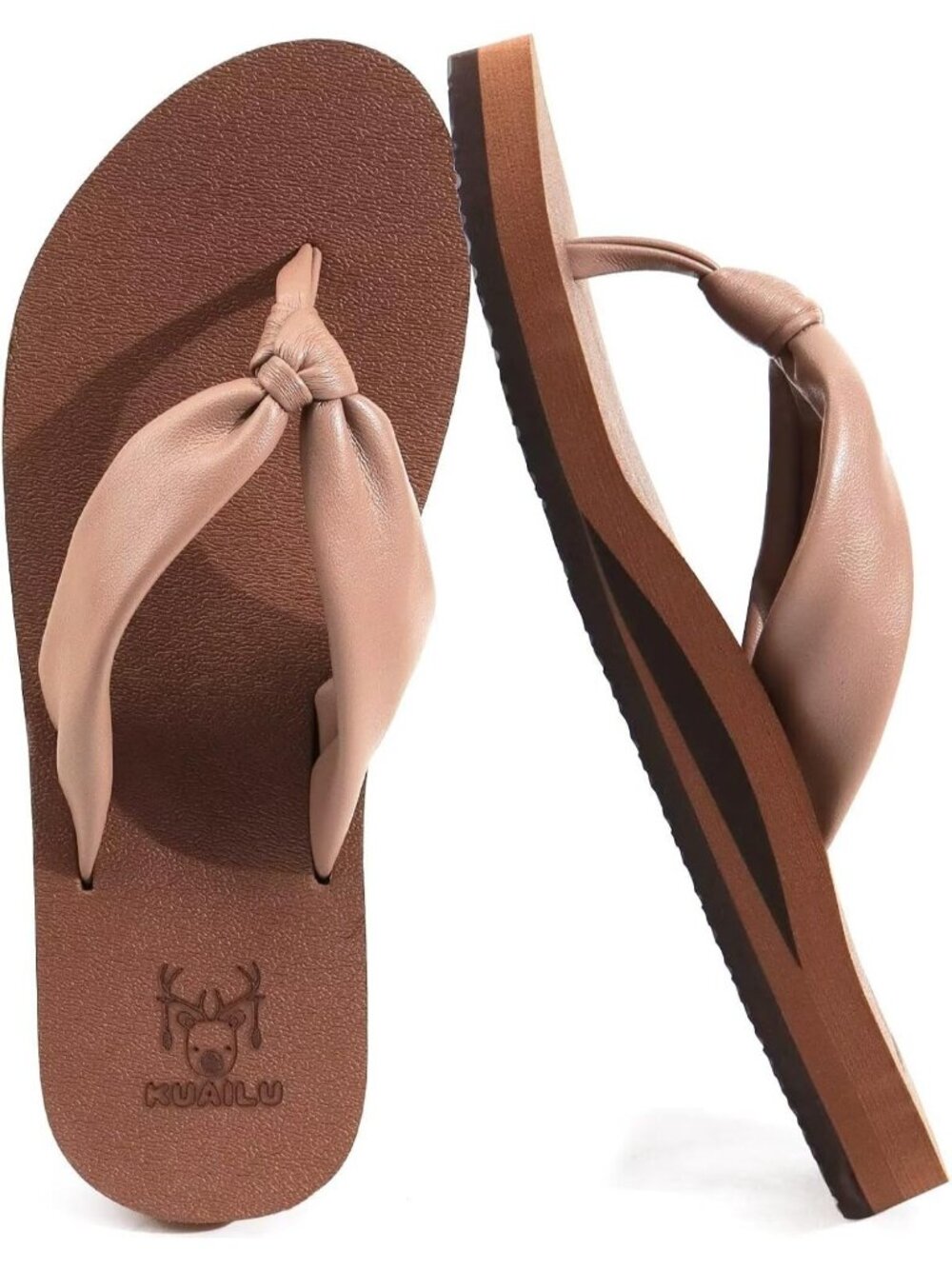 Women's Brown Faux Leather Summer Flip Flops With Arch Support Outdoor Slippers